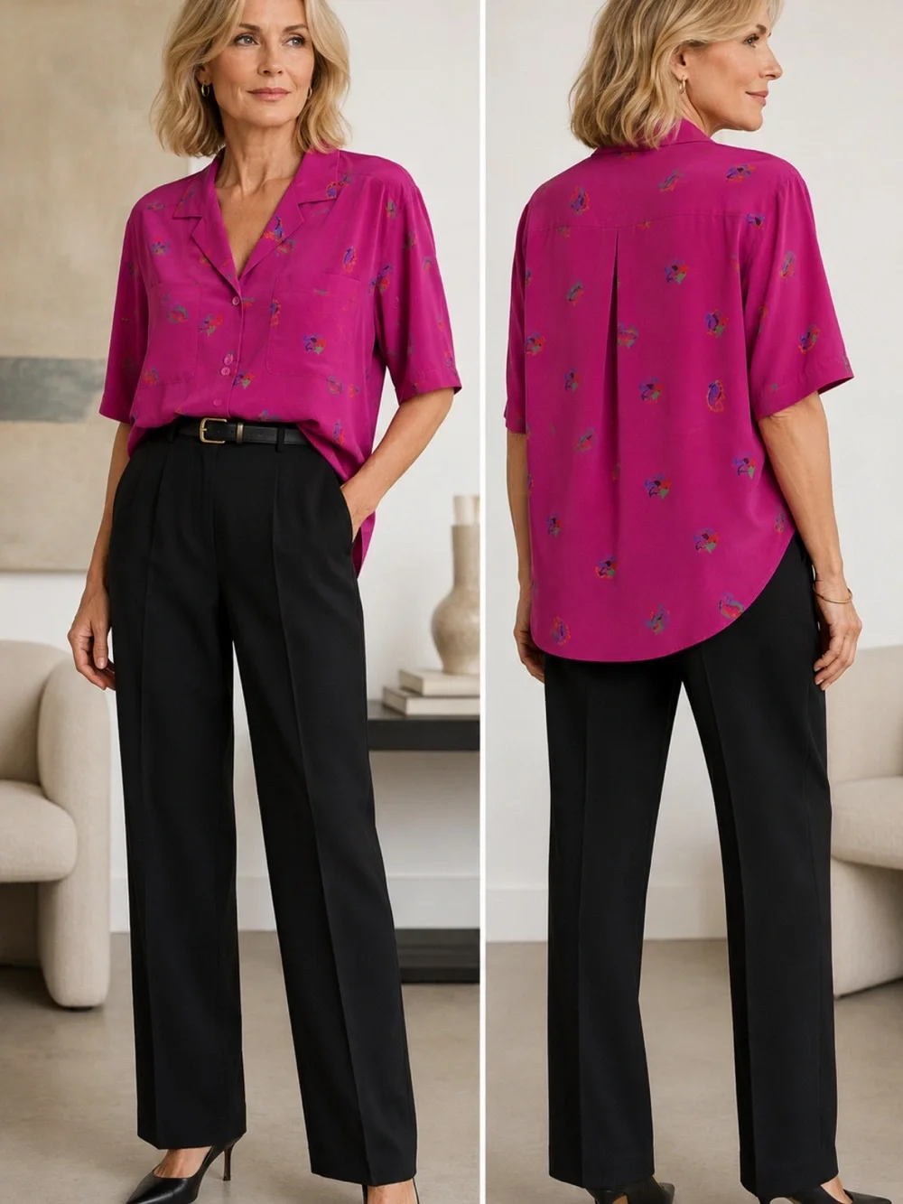 Vintage Ellen Tracy Silk Magenta Short-Sleeve Blouse with Subtle paisley print - Picture 2 of 10